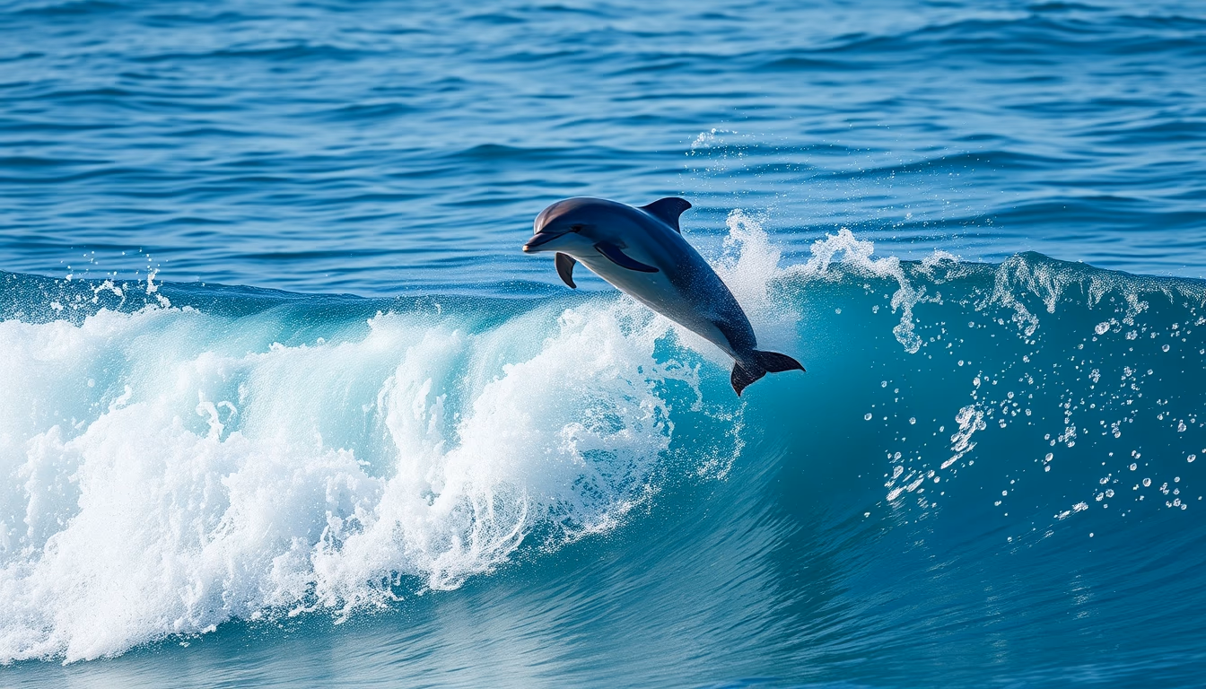 dolphins jumping wave in editorial style