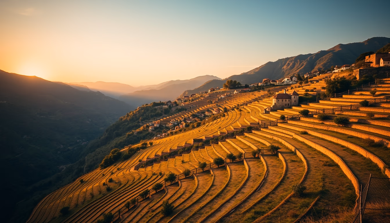 douro valley terraces in editorial style