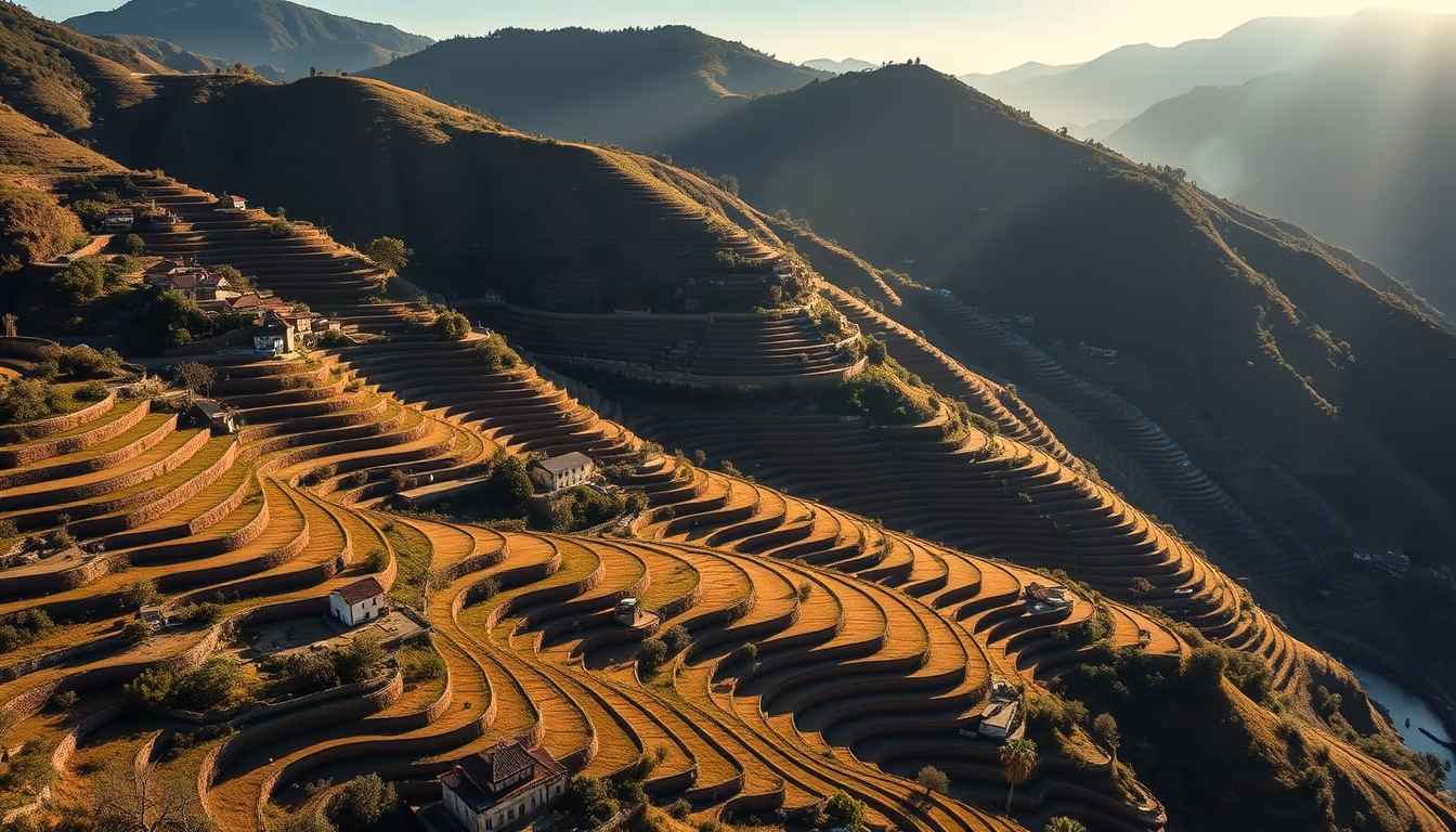 douro valley terraces in editorial style