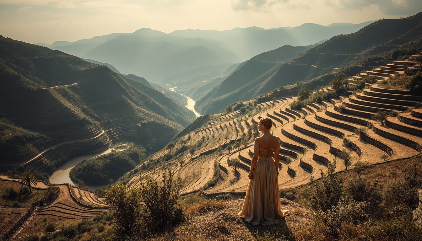 douro valley terraces in editorial style