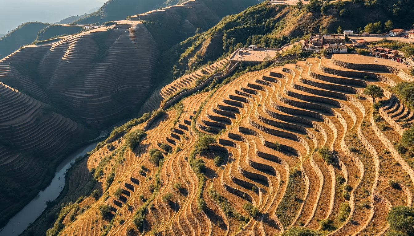 douro valley terraces in editorial style