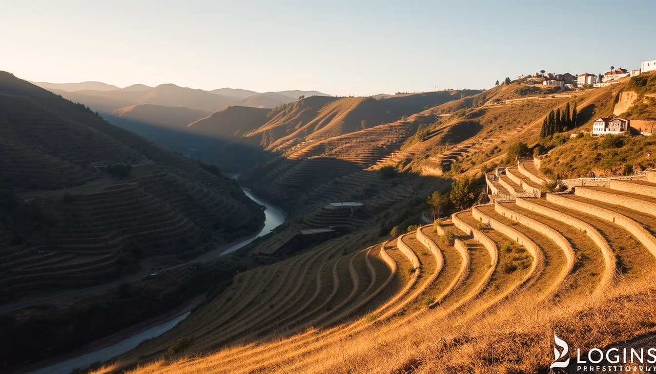 douro valley terraces in editorial style