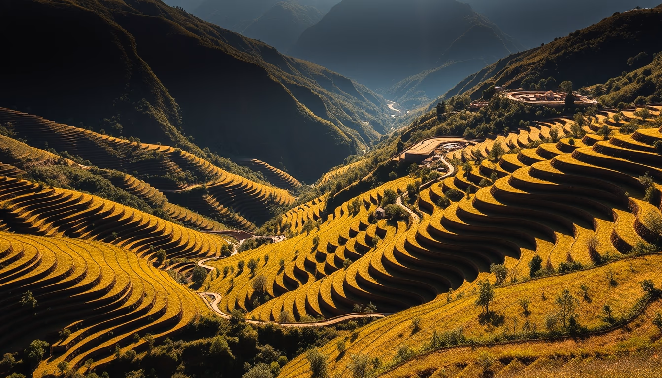 douro valley terraces in editorial style