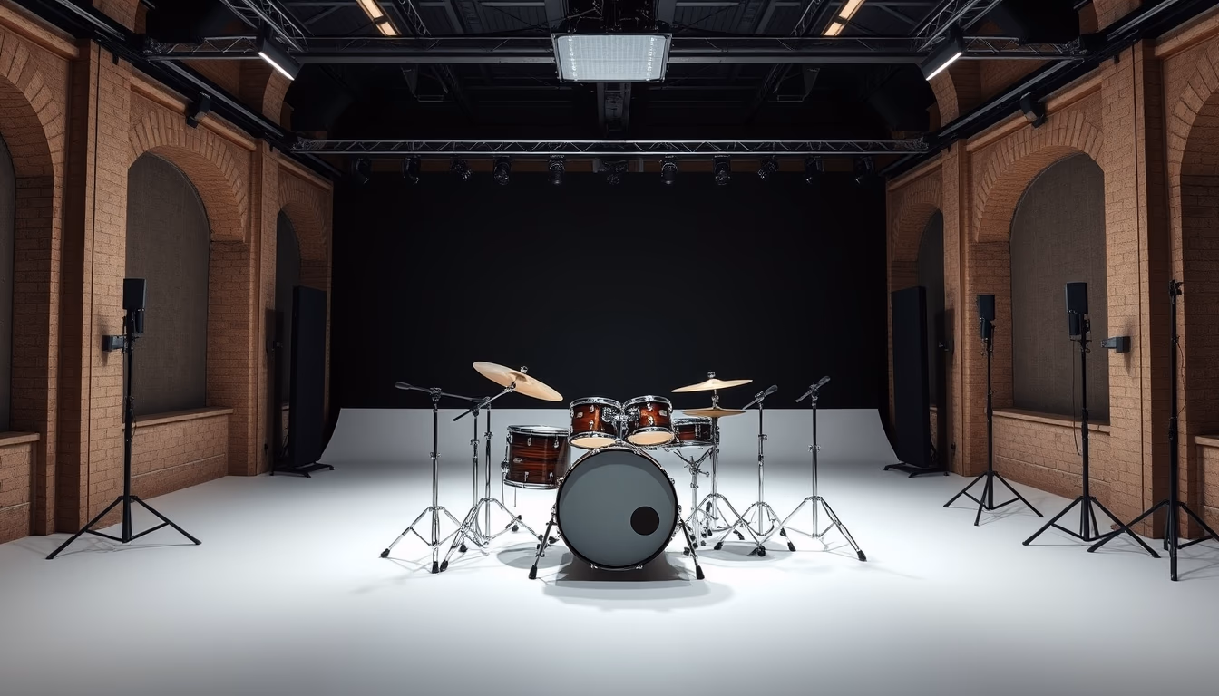drum kit empty studio in editorial style