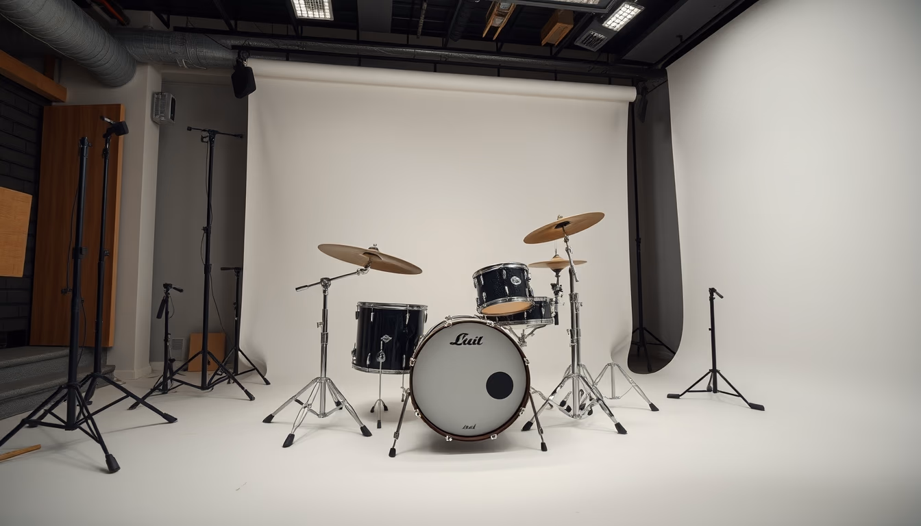 drum kit empty studio in editorial style