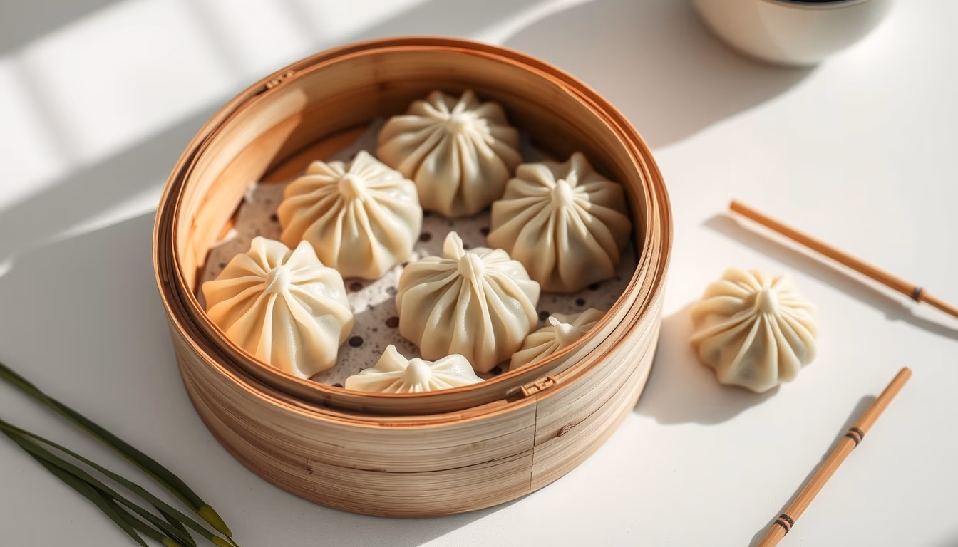 dumplings steamer bamboo in editorial style