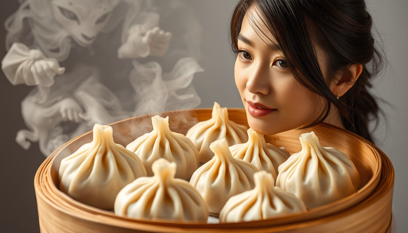 dumplings steamer bamboo in editorial style