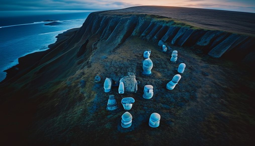 easter island moai row in editorial style