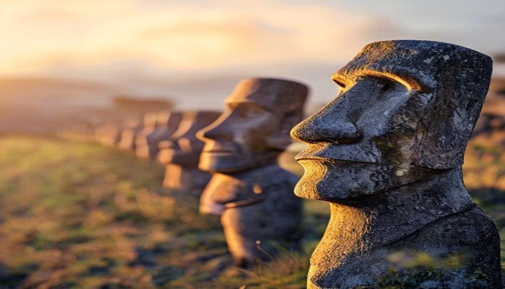 easter island moai row in editorial style