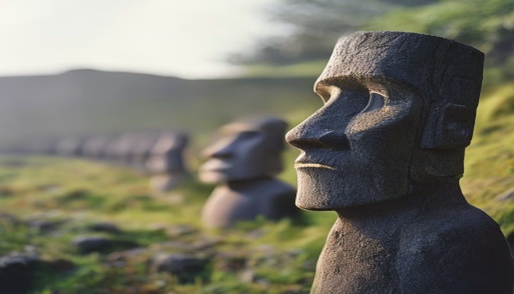 easter island moai row in editorial style