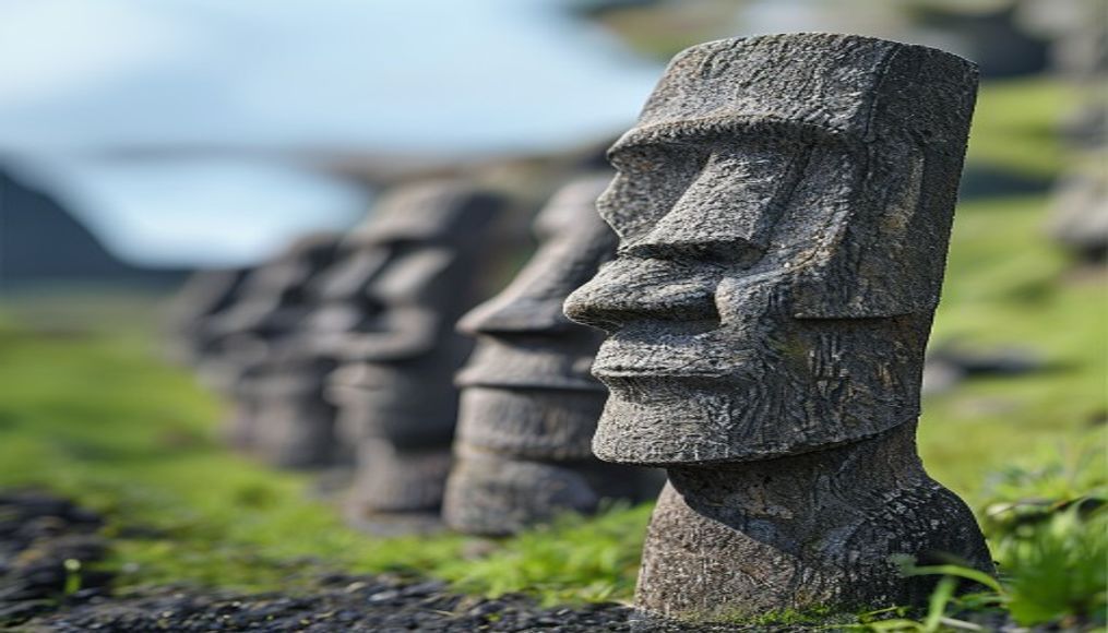 easter island moai row in editorial style