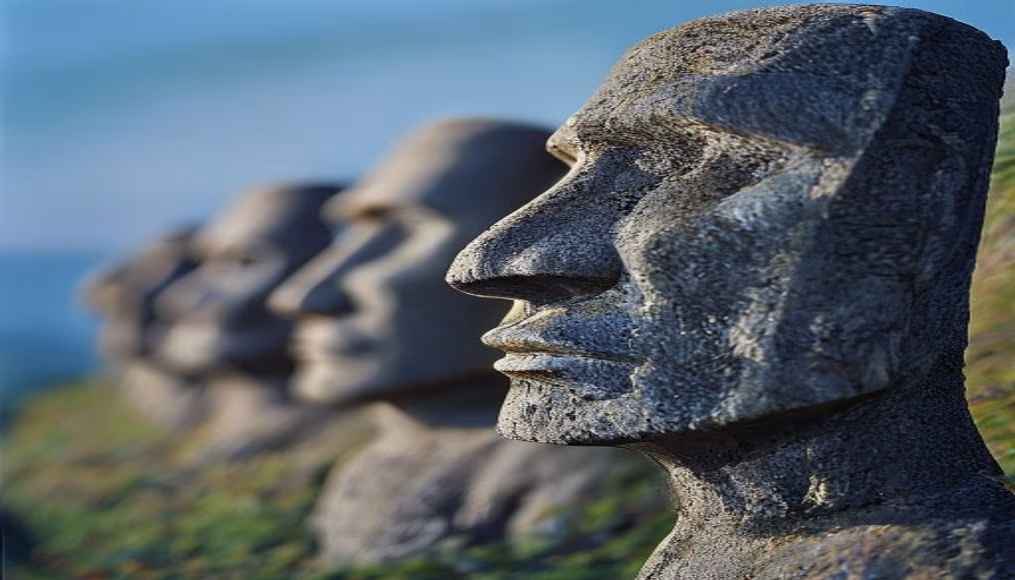 easter island moai row in editorial style