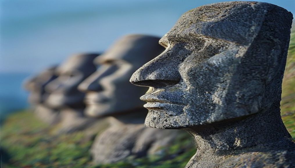 easter island moai row in editorial style