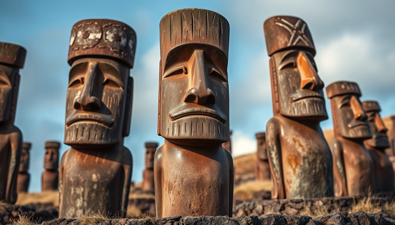 easter island moai statues in editorial style