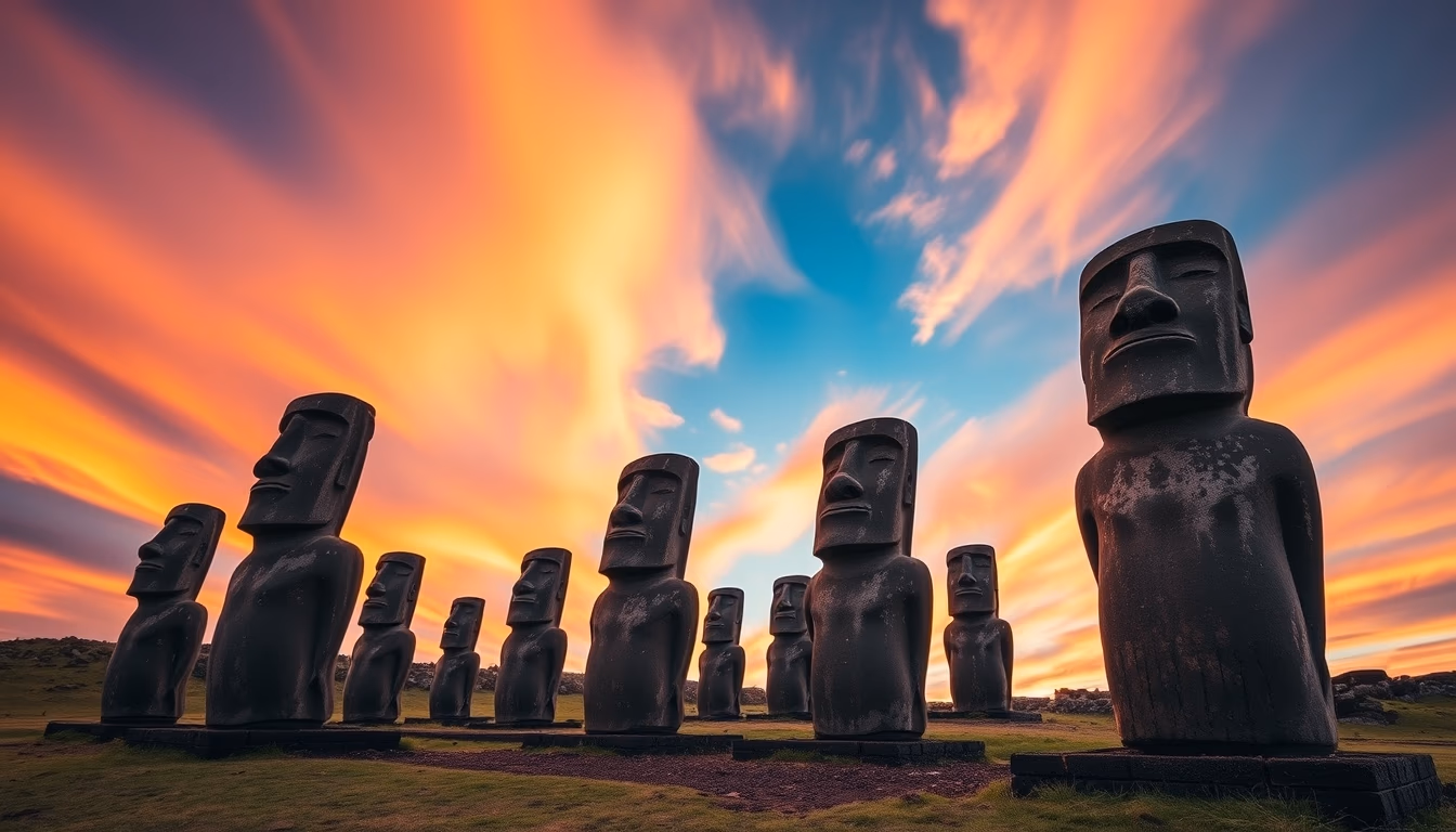 easter island moai statues in editorial style