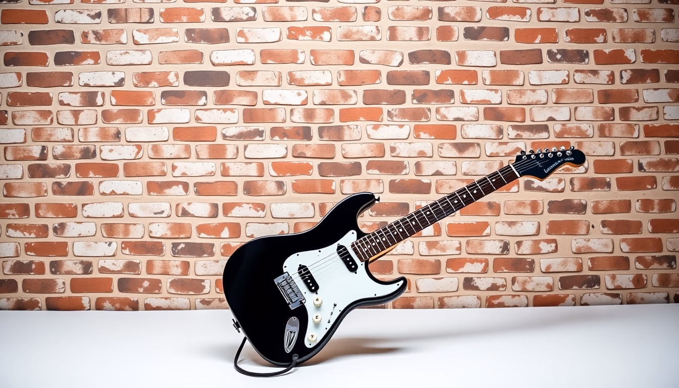 electric guitar against brick wall in editorial style