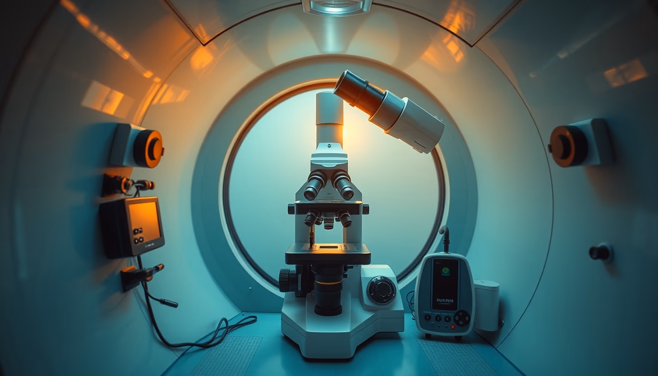 electron microscope chamber in editorial style