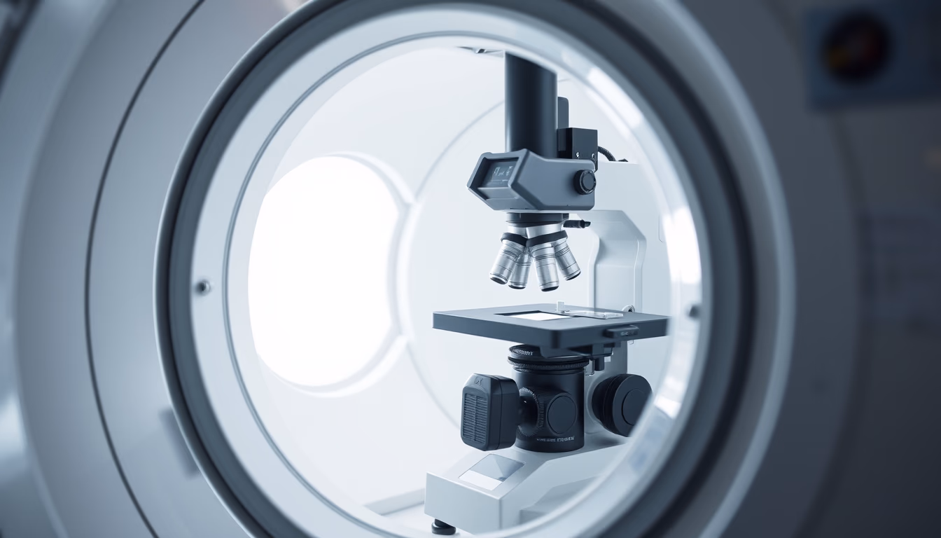 electron microscope chamber in editorial style