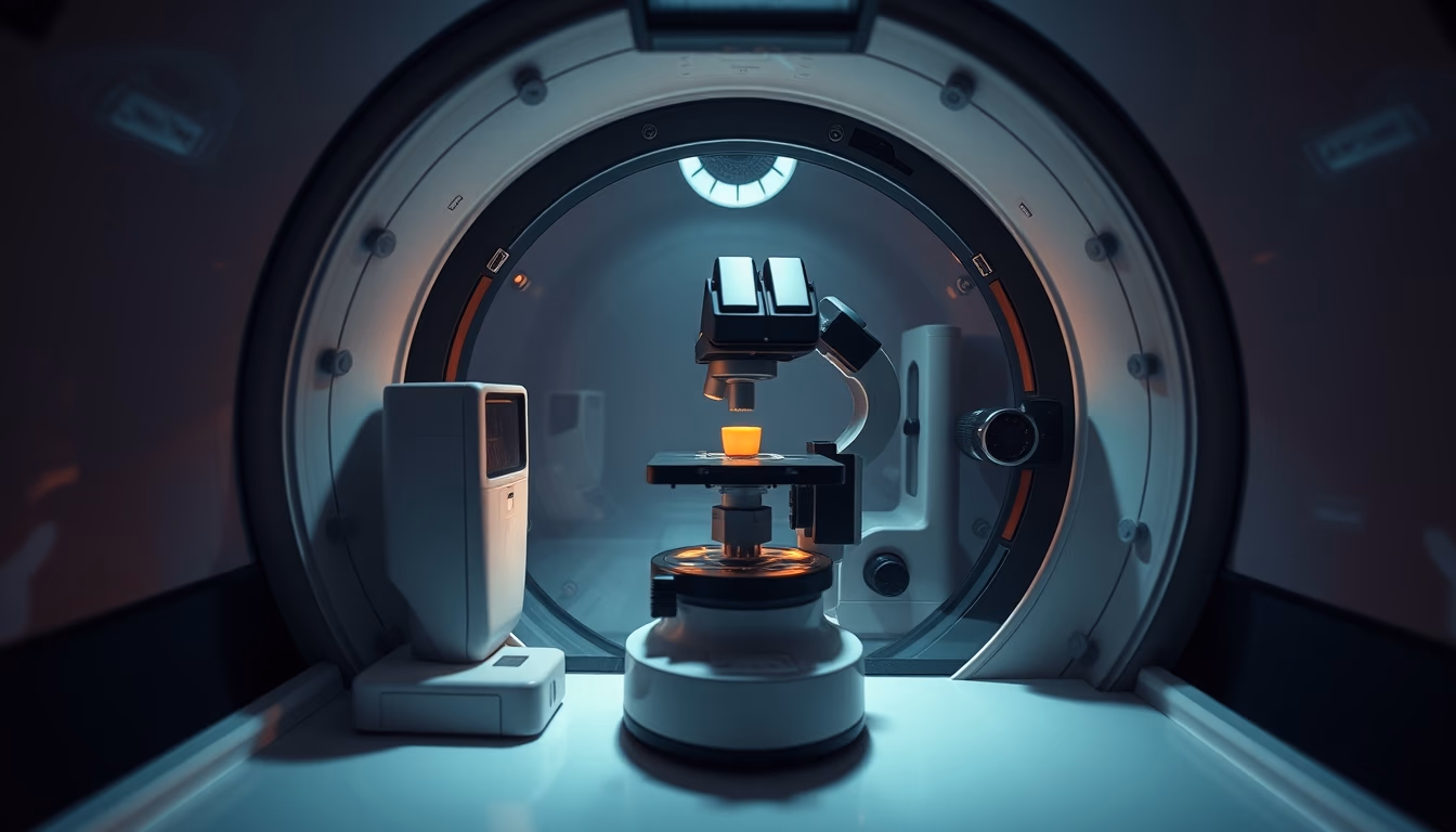 electron microscope chamber in editorial style