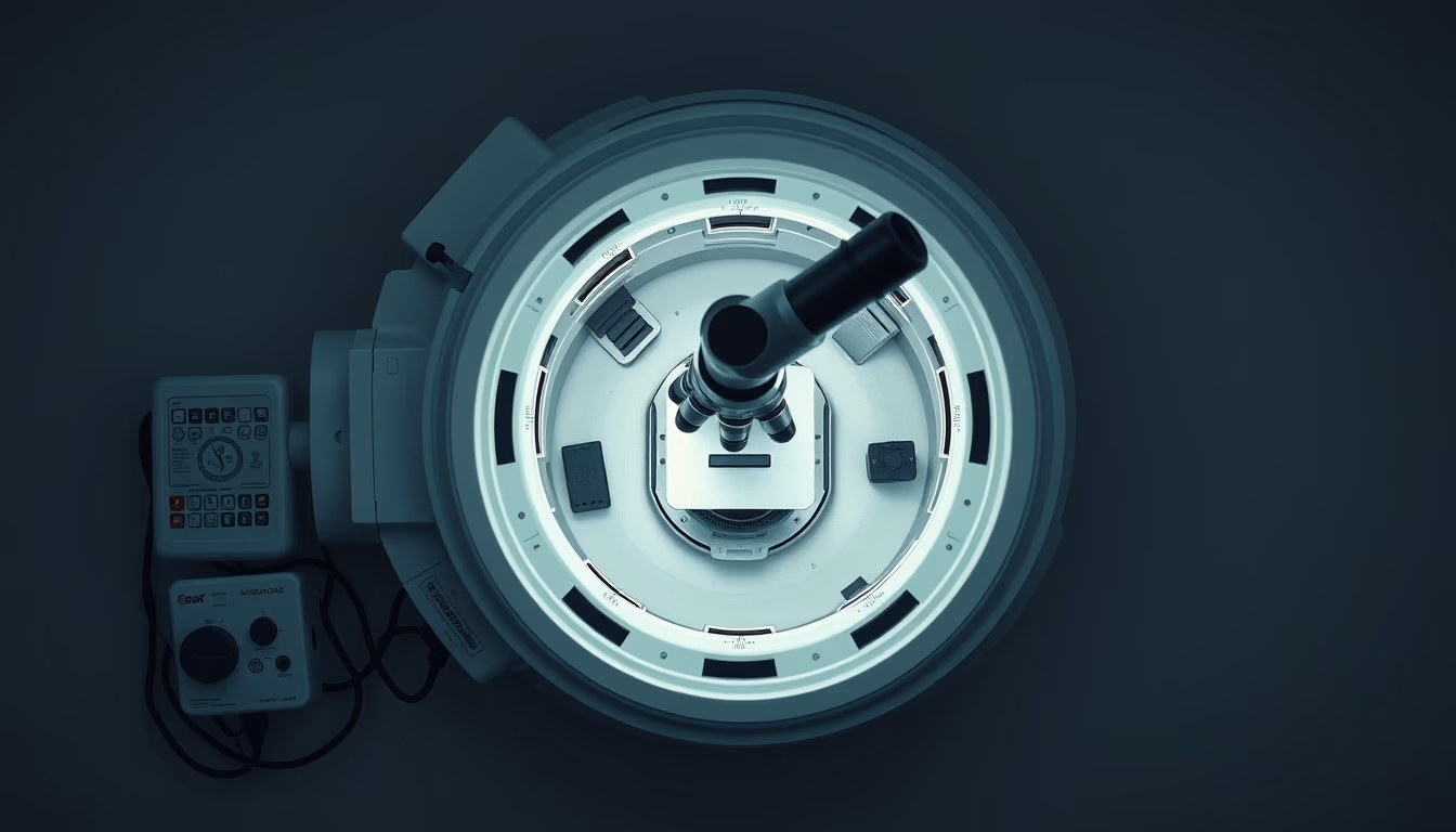 electron microscope chamber in editorial style