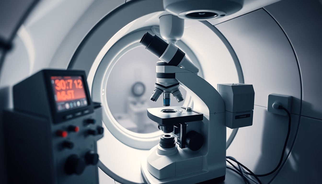 electron microscope chamber in editorial style