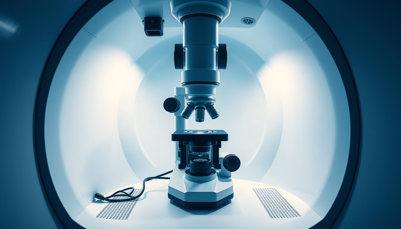 electron microscope chamber in editorial style