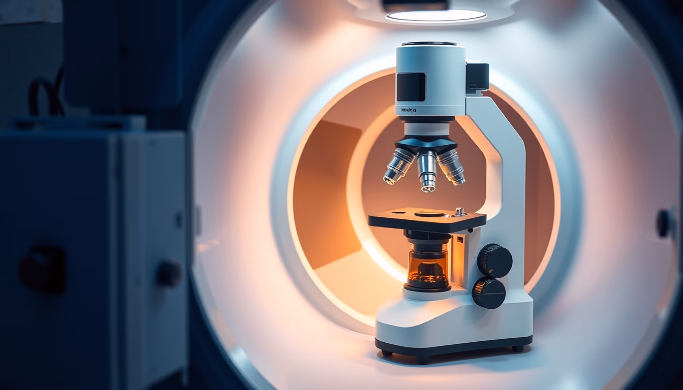 electron microscope chamber in editorial style