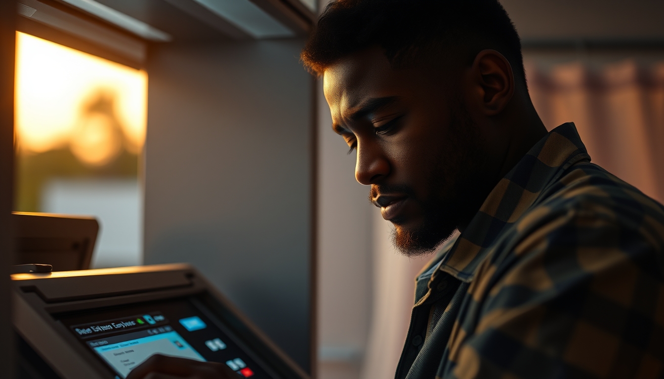 Electronic vote machine technician configuring Brazilian urna eletrônica em estilo editorial