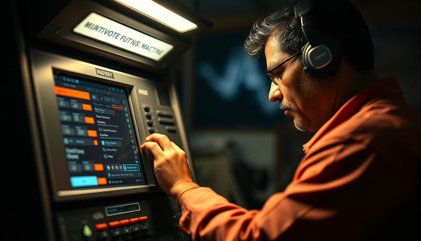 Electronic vote machine technician configuring Brazilian urna eletrônica em estilo editorial