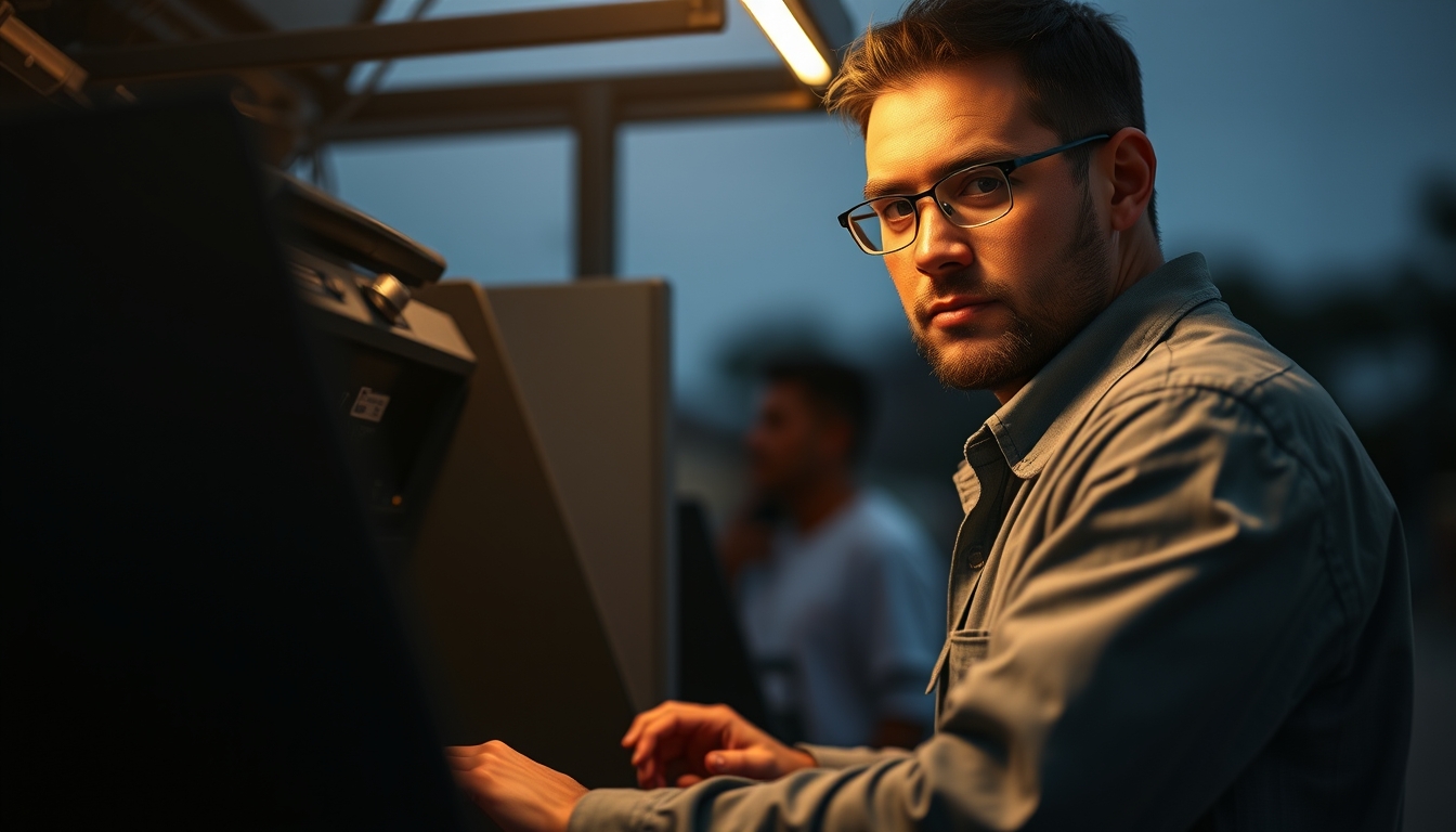 Electronic vote machine technician configuring Brazilian urna eletrônica em estilo editorial