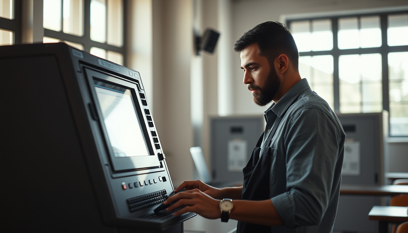Electronic vote machine technician configuring Brazilian urna eletrônica em estilo editorial