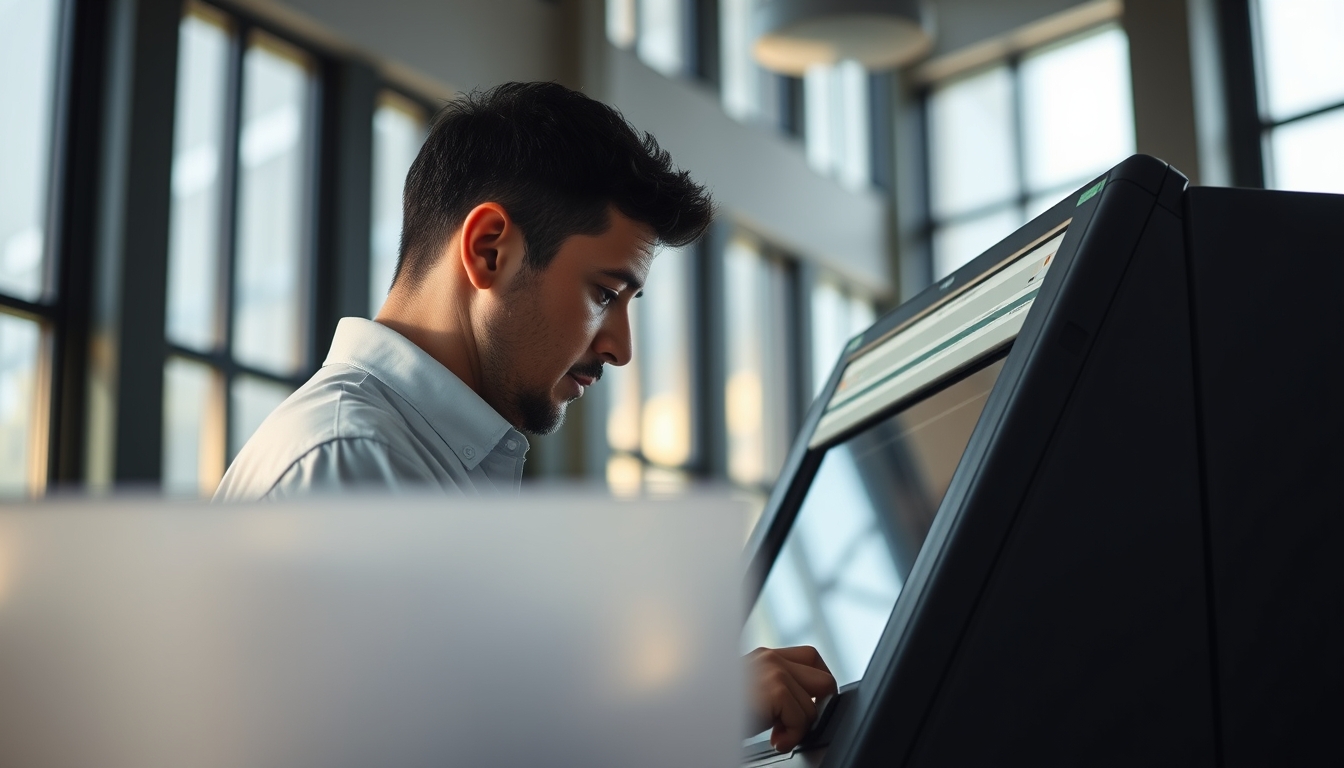 Electronic vote machine technician configuring Brazilian urna eletrônica em estilo editorial
