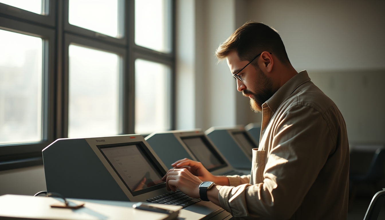 Electronic vote machine technician configuring Brazilian urna eletrônica em estilo editorial