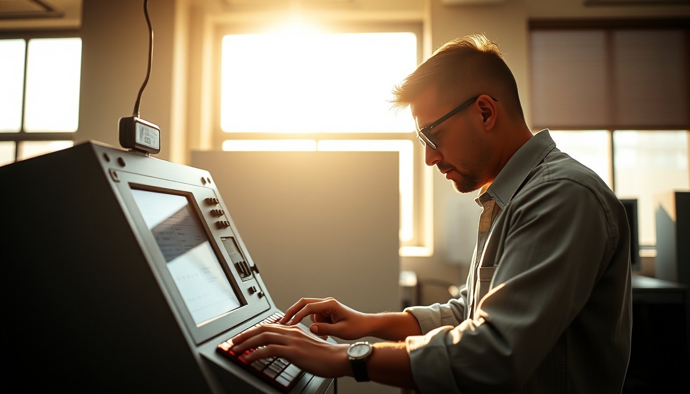 Electronic vote machine technician configuring Brazilian urna eletrônica em estilo editorial