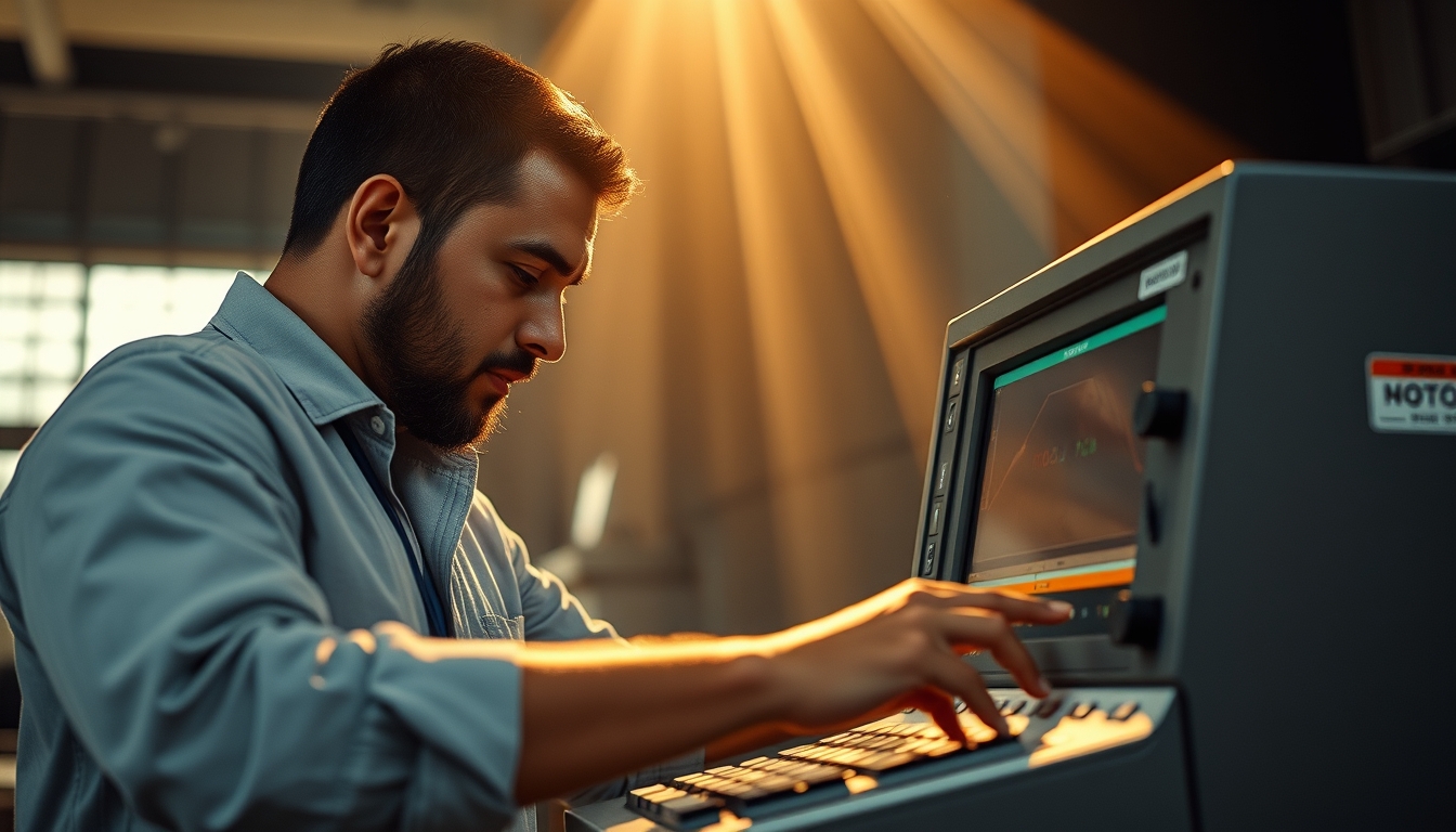 Electronic vote machine technician configuring Brazilian urna eletrônica em estilo editorial