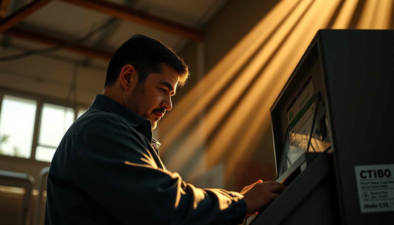Electronic vote machine technician configuring Brazilian urna eletrônica em estilo editorial