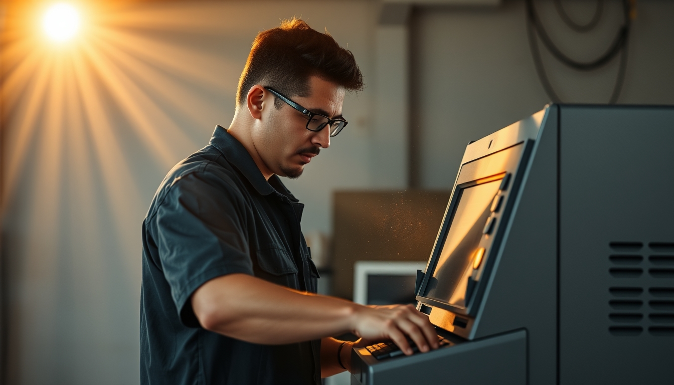 Electronic vote machine technician configuring Brazilian urna eletrônica em estilo editorial