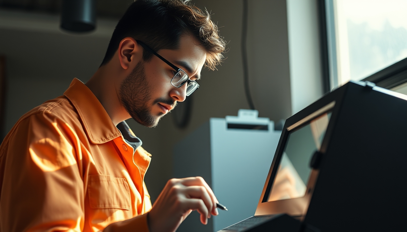 Electronic vote machine technician configuring Brazilian urna eletrônica em estilo editorial