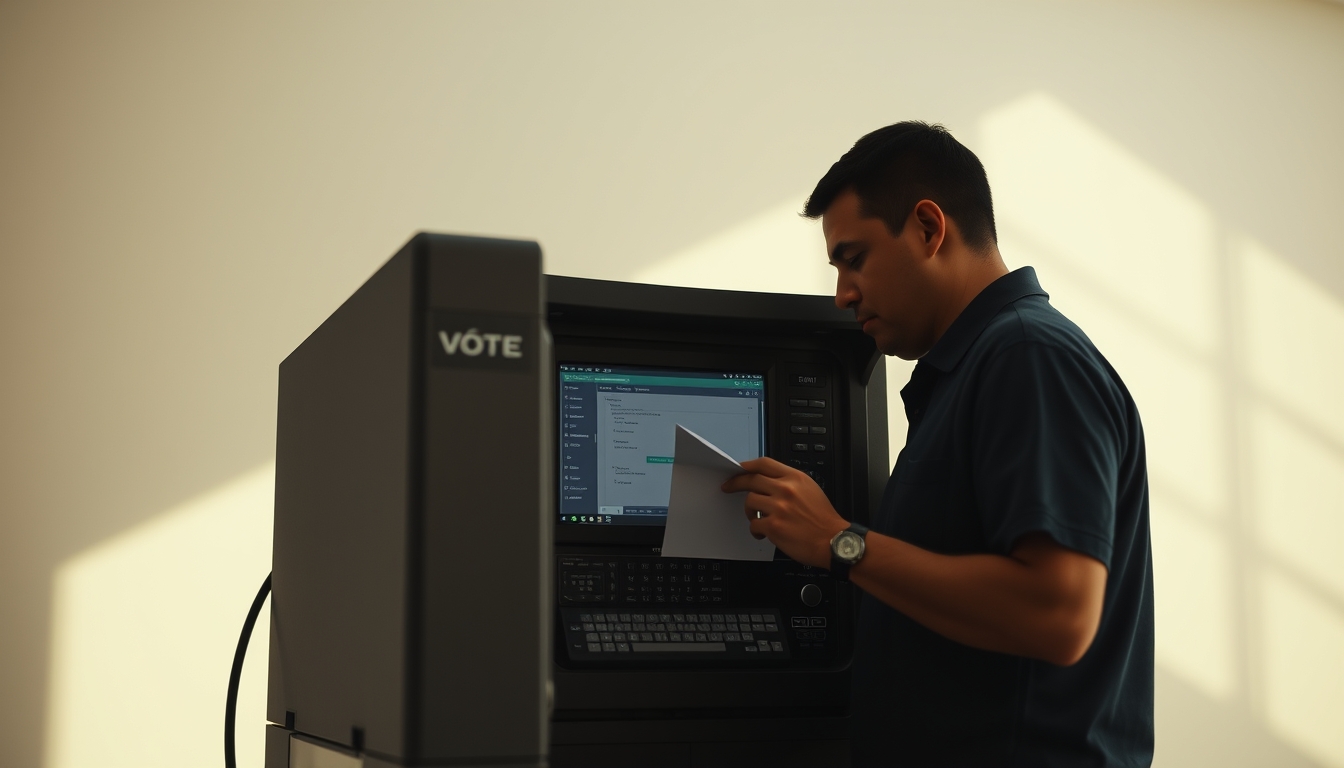 Electronic vote machine technician configuring Brazilian urna eletrônica em estilo editorial