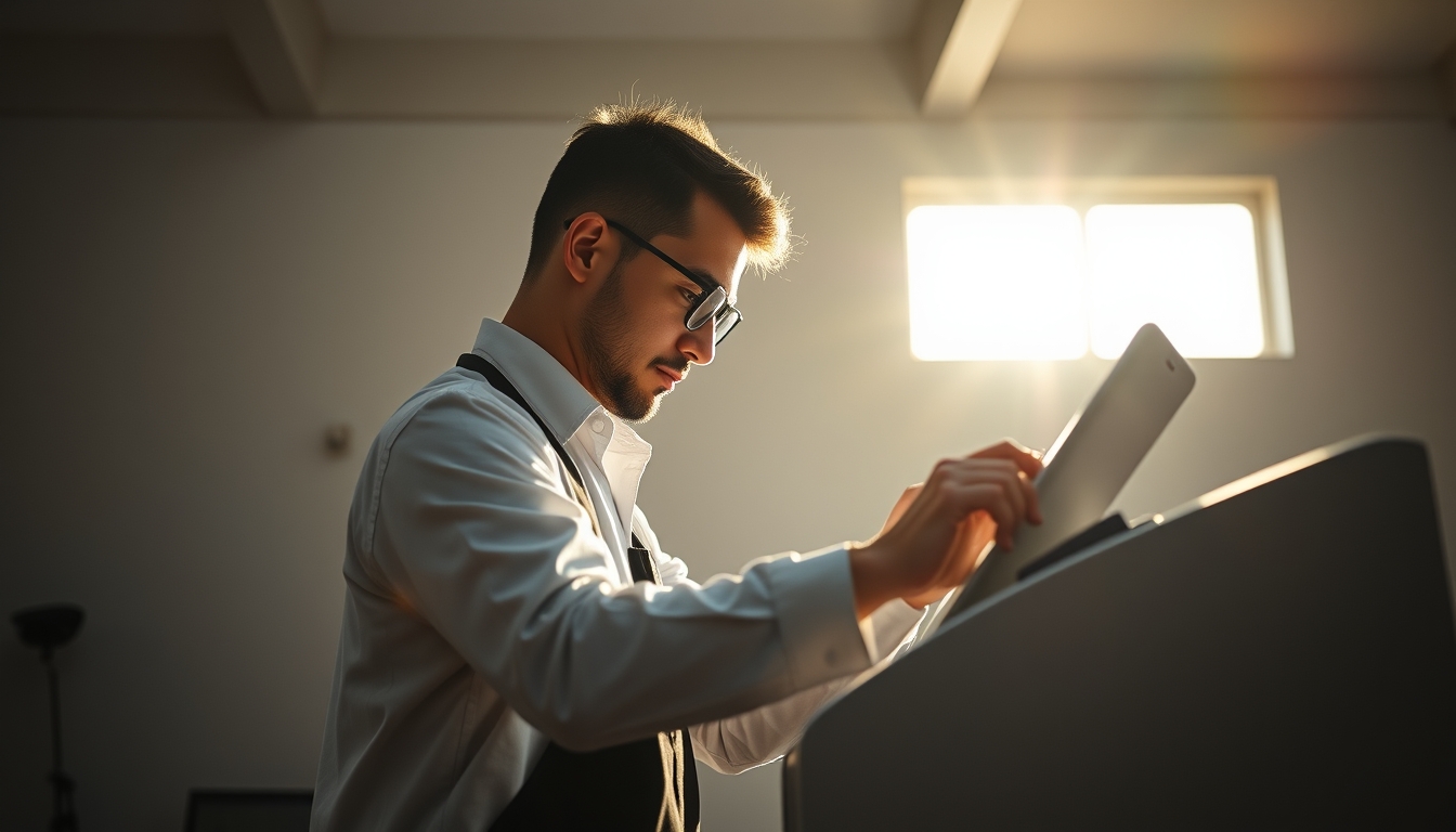 Electronic vote machine technician configuring Brazilian urna eletrônica em estilo editorial