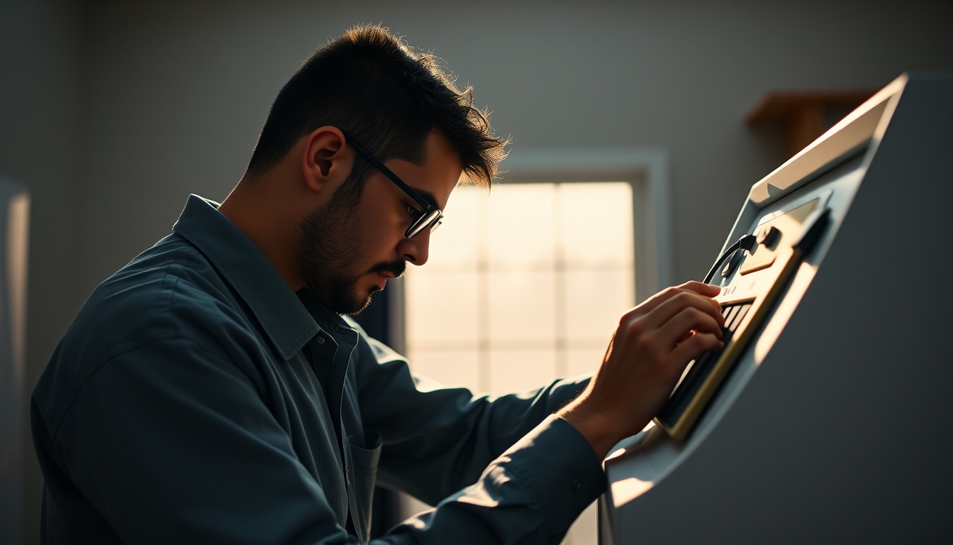 Electronic vote machine technician configuring Brazilian urna eletrônica em estilo editorial