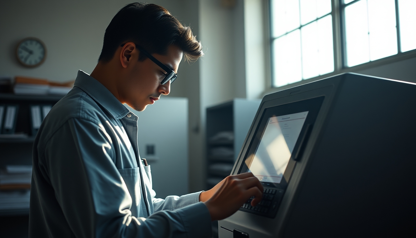 Electronic vote machine technician configuring Brazilian urna eletrônica em estilo editorial