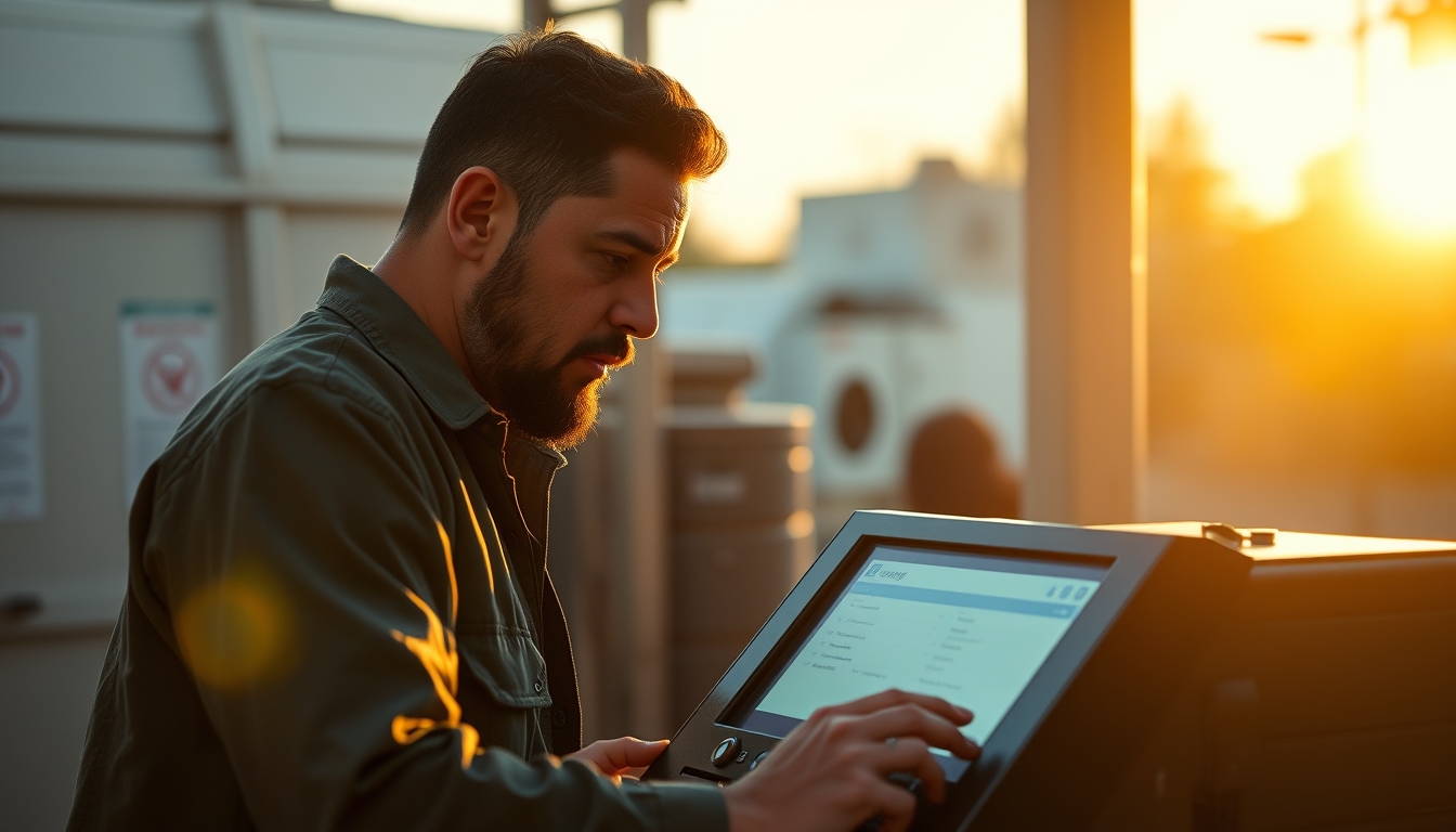 Electronic vote machine technician configuring Brazilian urna eletrônica em estilo editorial