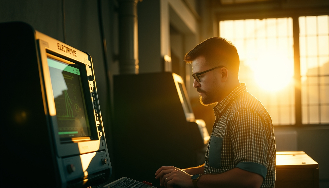 Electronic vote machine technician configuring Brazilian urna eletrônica em estilo editorial