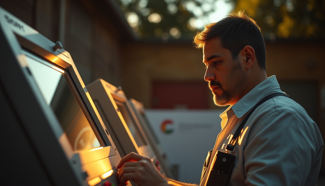 Electronic vote machine technician configuring Brazilian urna eletrônica em estilo editorial