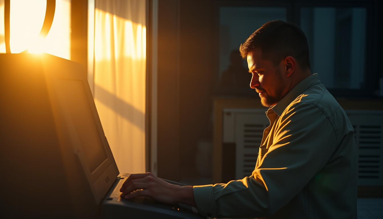 Electronic vote machine technician configuring Brazilian urna eletrônica em estilo editorial