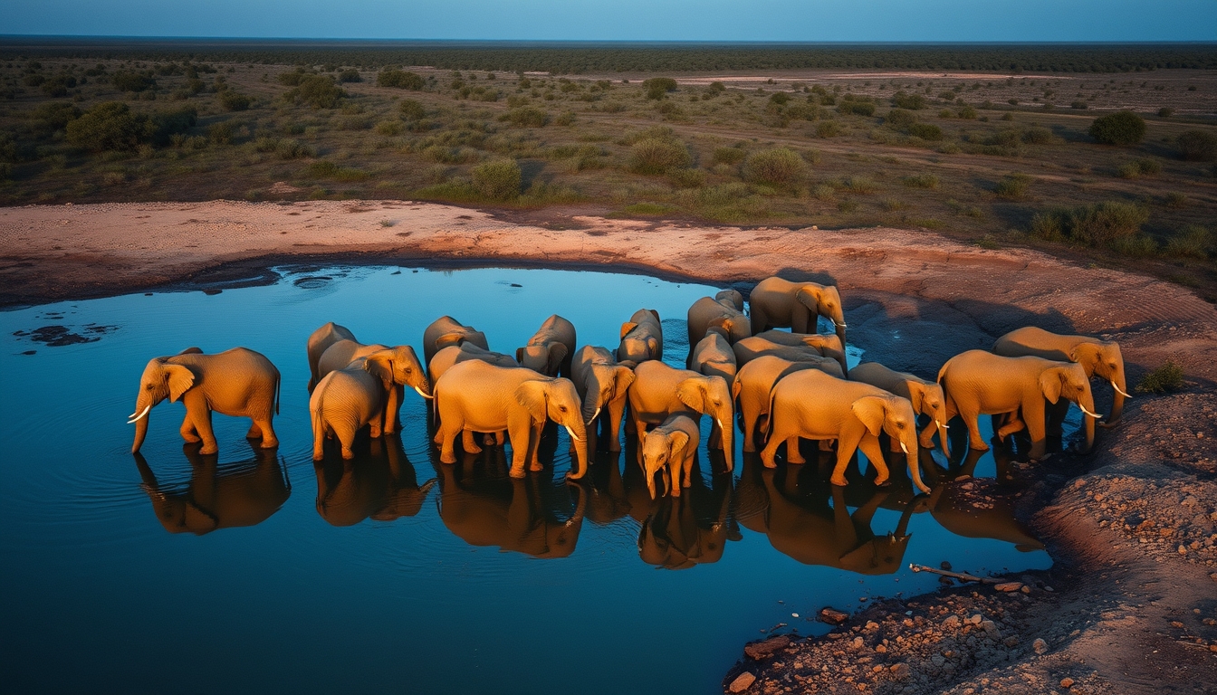 elephant herd at watering hole in editorial style