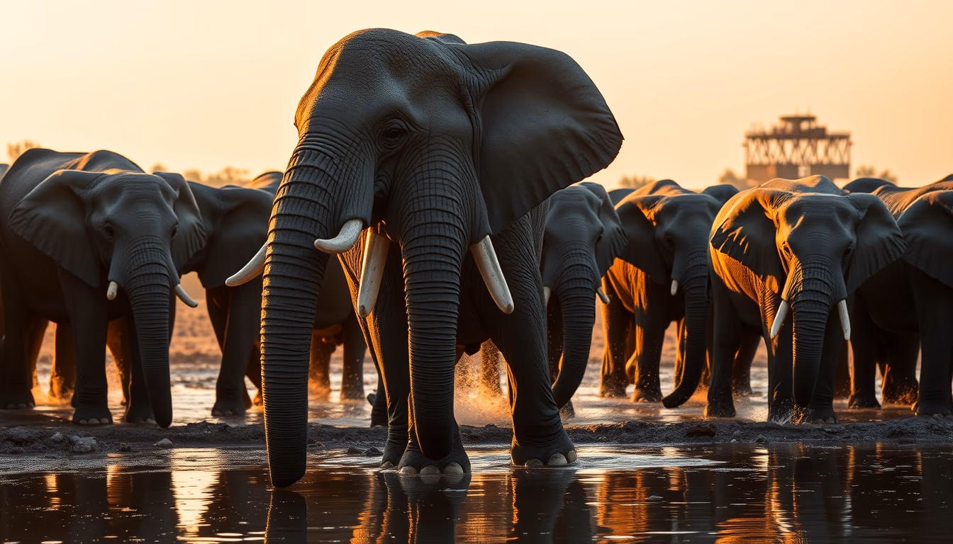 elephant herd at watering hole in editorial style