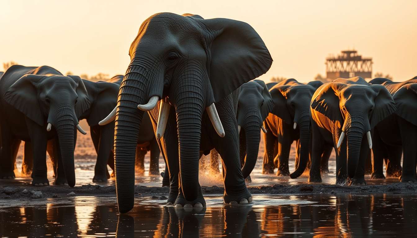 elephant herd at watering hole in editorial style