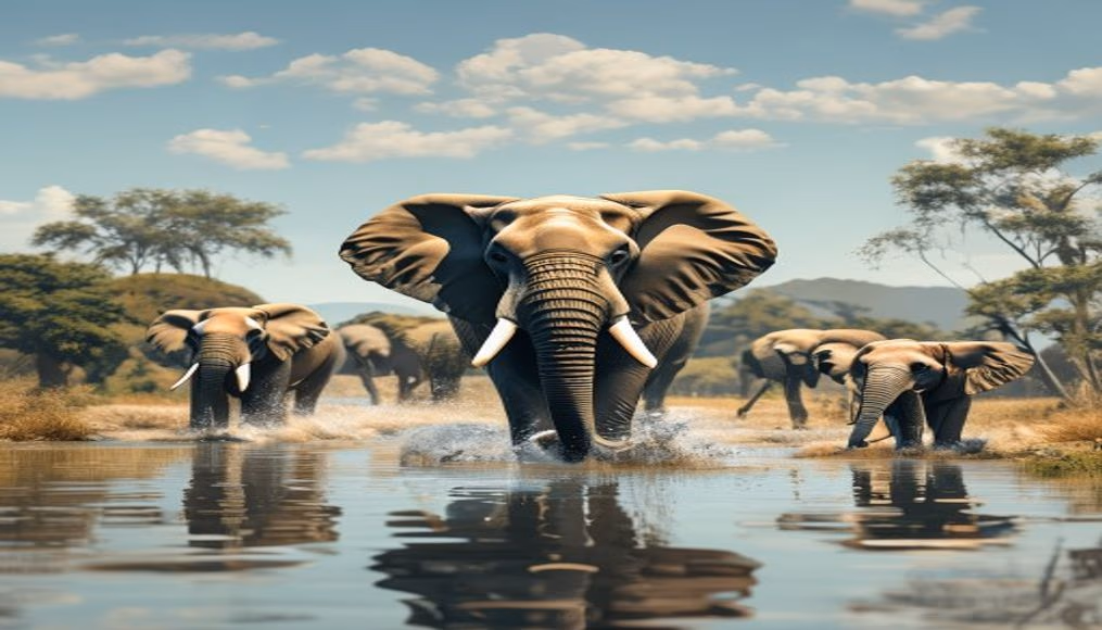 elephant herd at watering hole in editorial style